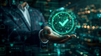 Businessman holding digital hologram of green compliance check mark, certification concept