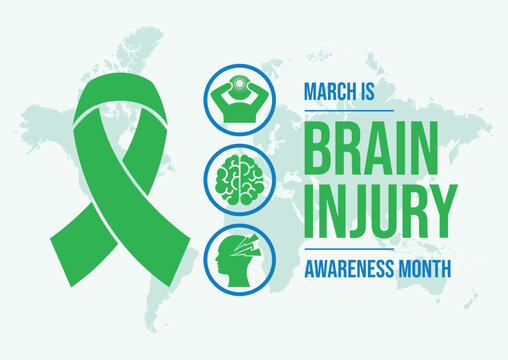 March is Brain Injury Awareness Month poster vector illustration. Green awareness ribbon, human brain and head silhouette round icon set vector. March each year