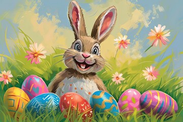 Illustration of a cute and happy Easter bunny with Easter eggs in the grass.