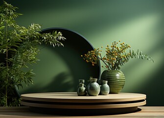 Interior of a room with green walls, podium and vase. Created with Ai