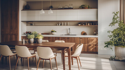 Interior of modern kitchen with table served for breakfast