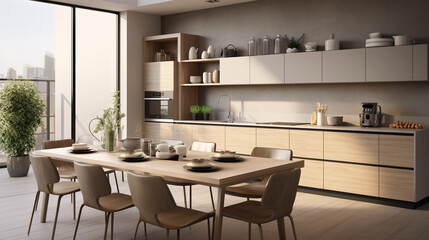 Interior of modern kitchen with table served for breakfast