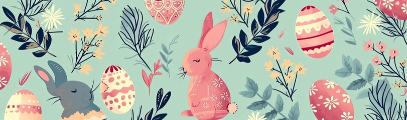 Easter wallpaper pattern with Easter bunnies, flowers and eggs.