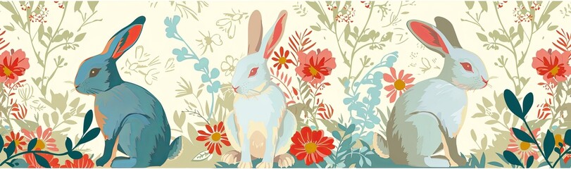 Fototapeta na wymiar Easter wallpaper pattern with Easter bunnies, flowers and eggs.