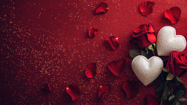 white hearts and red roses on a red background