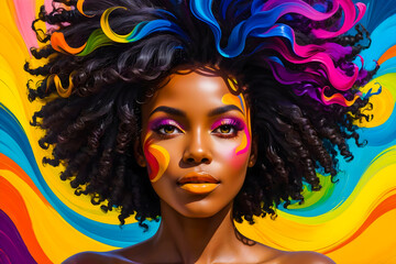 Beautiful African American woman with a colorful background, pop art style painting