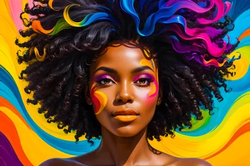 Foto auf Glas Beautiful African American woman with a colorful background, pop art style painting © ReaverCrest