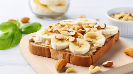 Obraz na płótnie Canvas Toast with nut butter, banana slices and cashews on white table, closeup
