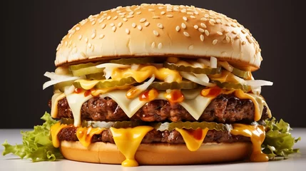 Fotobehang Wide horizontal landscape alignment of fast food banner image of a burger with full of vegetables and meat in black background   © Sudarshana
