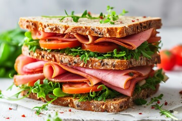 Tasty sandwich with ham and vegetables. Bread with meat, salad and tomato for dinner. Generated AI