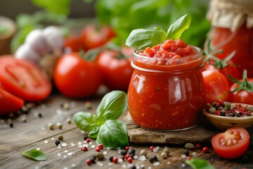 Homemade tomato sauce in glass jar on wooden background. Delicious Italian sauce for pasta or pizza on kitchen table. Generated AI