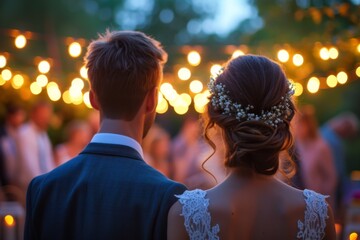 Happy couple at wedding day. Young people celebrate marriage. Groom and bride together on wedding celebration. Generated AI