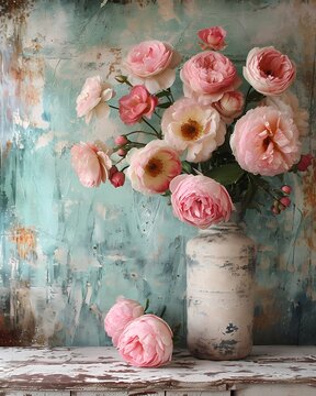romantic white and pink flower arrangement in oil painting style for background and wall art decoration