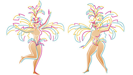 Brazilian carnival party girls 2024 colorful masked samba dancers isolated on white background
