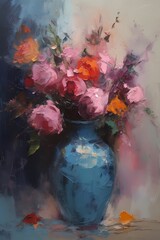 classic oil painting style abstract modern flowers on blue vase for background and wall art decoration