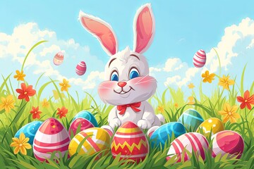 Cute and happy Easter bunny with Easter eggs in the grass.