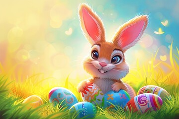 Cute and happy Easter bunny with Easter eggs in the grass.