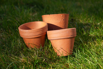 Small terracotta pots ready to be planted. flower pots on grass lawn. gardening theme 