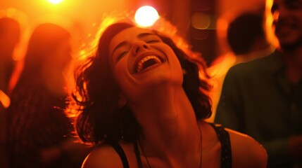 A woman forcing a smile at a social gathering, her laughter hollow as she battles against the invisible chains of social anxiety and depression.
