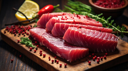 Close up of Fresh raw Tuna fillet steak and sashimi on wooden board background, delicious food for dinner, healthy food, ingredients for cooking - obrazy, fototapety, plakaty