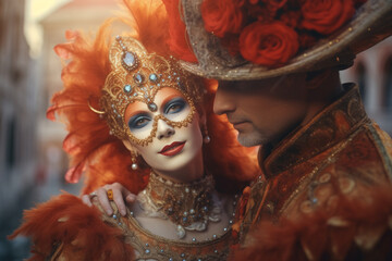 A man and a woman adorned in carnival attire embellished with feathers