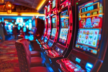 Fotobehang A row of colorful casino slot machines in a luxury hotel. Gambling industry. © Oleh
