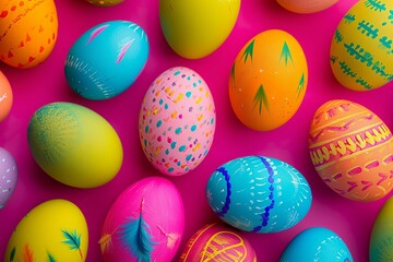 Fototapeta na wymiar Close up view of Easter eggs in vibrant colors.