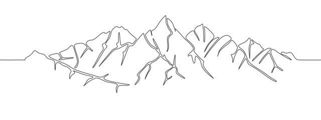 One continuous line drawing of mountain landscape. Horizontal view of mounts in simple linear style. Doodle vector illustration