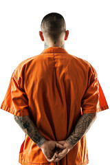 Rear view of a male prisoner wearing a prison uniform isolated on transparent background