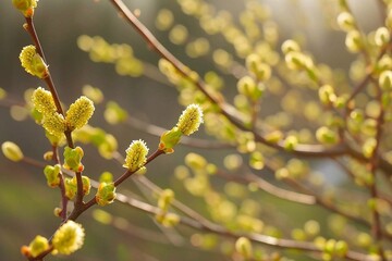 Fototapeta premium Blossoming willow branches with catkins on blurred background. Branches in spring