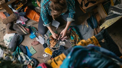 Naklejka premium Repair and repurpose old clothing, shoes and furniture to create new functional items.