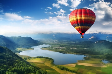 Hot air balloon over the green paddy field and mountain lake