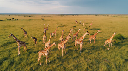 Naklejka na ściany i meble Aerial scene capturing a group of giraffes in a vast landscape