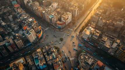 Aerial view highlighting the bustling roads of an Indian city - obrazy, fototapety, plakaty