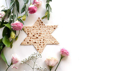 Passover. banner of Traditional Matzo shape of star Magen David  decorate by pink flowers on white...