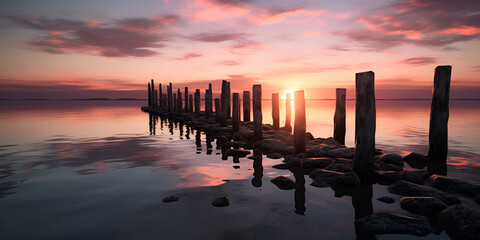 A wooden pier in the water with a pink sky at sunset.
Breathtaking scenery of wooden sticks in the middle of the ocean, 