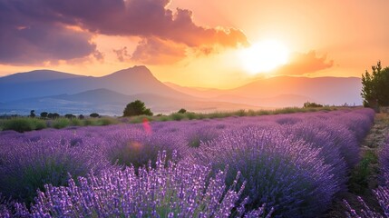 Obraz premium Wonderful scenery, amazing summer landscape of blooming lavender flowers, peaceful sunset view