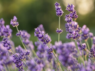 Fragrant blue lavender flowers blossoming on field in peaceful summer farmland
