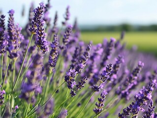 Naklejka premium Fragrant blue lavender flowers blossoming on field in peaceful summer farmland
