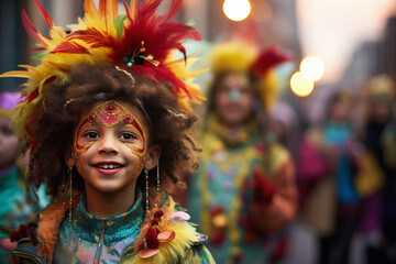 A child in a carnival costume adorned with feathers, reveling in the festivities of the festival