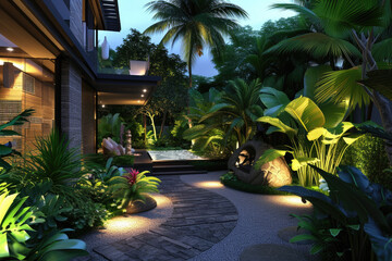 a mini house with big tropical garden and a mini pool - obrazy, fototapety, plakaty