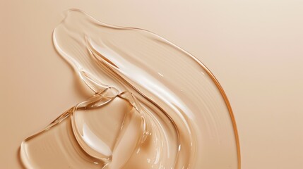 Smooth wavy transparent liquid texture on pastel beige background. Beauty product banner, serum,...