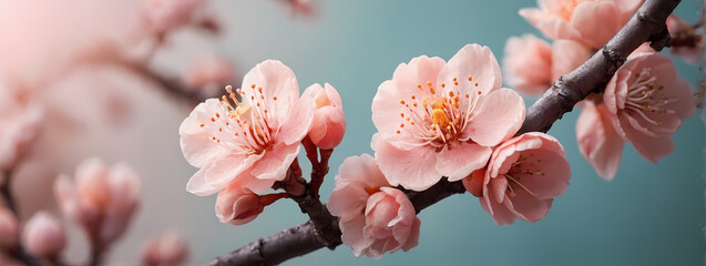 Peach blossom with copy space. Delicate peach blossom on a soft coral background with space for text. 