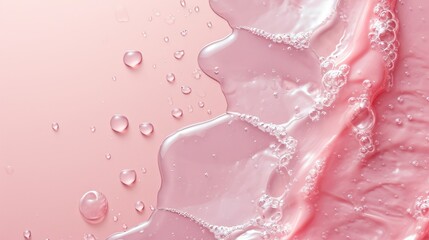 Smooth wavy transparent liquid texture on pastel pink background. Beauty product banner, serum, cream or moisturiser