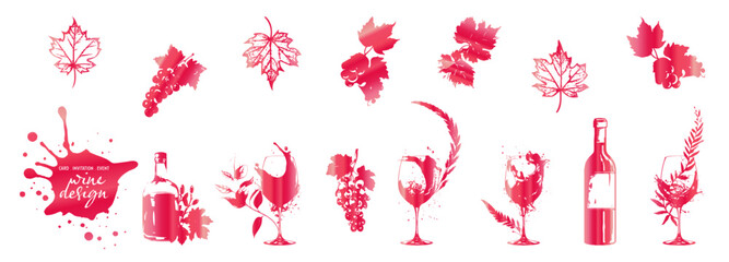 Colorful wine designs - Collection of wine glasses. Sketch vector illustration. Elements for invitation cards, advertising banners and menus. Wine glasses with splashing wine and plants.