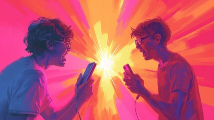 boys holding a phone in  hands and shouting
