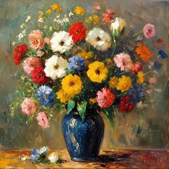 classic and detailed flower in jar painting with bright blue and yellow for wall art , wallpaper and background