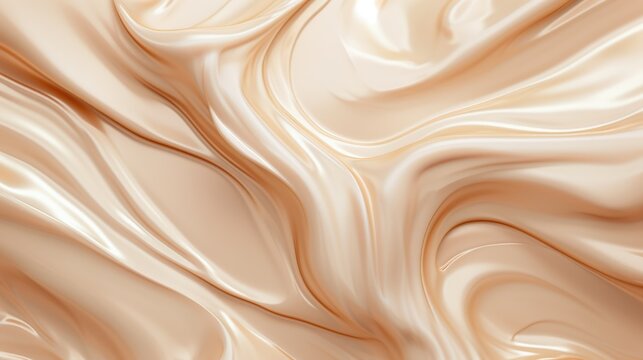 Smooth waves of liquid foundation or concealer skin tone background. Beauty fluid makeup product banner, backdrop