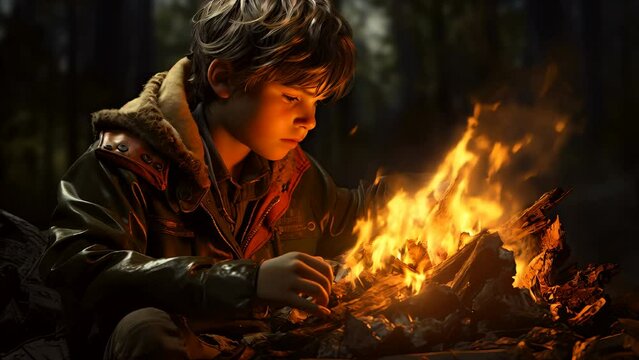 Boy Scout Making Fire in Forest