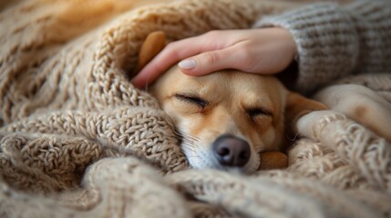 Sleepy puppy takes a rest under soft  blanket